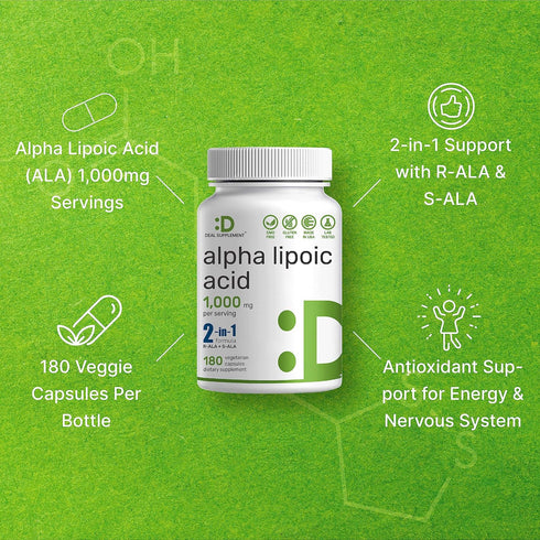 Alpha Lipoic Acid 1,000mg, 180 Veggie Capsules for Max Bioavailability, Antioxidant Supplement for Energy Support