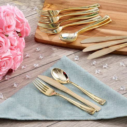 MATANA 180 Bulk Gold Plastic Silverware Set - 60 Knives, 60 Forks, 60 Spoons - Reusable Gold Cutlery for Parties &