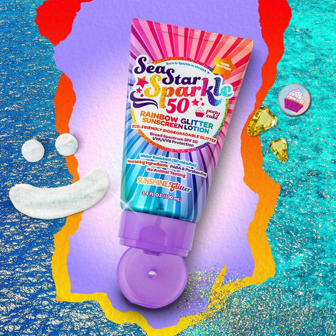 Seastar Sparkle - Rainbow Party Cake Scented Glitter Sunscreen, SPF 50, Biodegradable, Kids Lotion, Made in USA