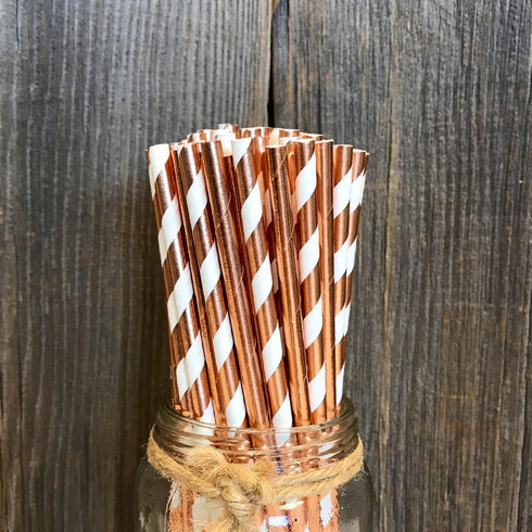 Rose Gold Solid and Stripe Foil Paper Straws, 7.75 Inches, 50 Pack by Outside the Box Papers