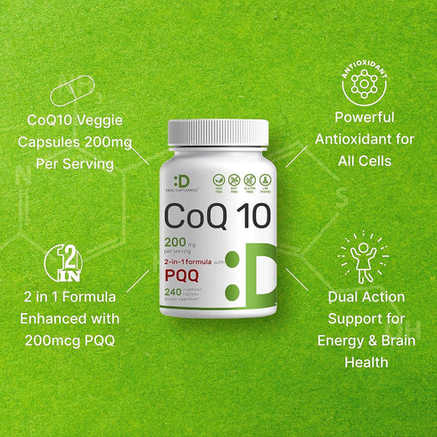 DEAL SUPPLEMENT CoQ10 200mg & PQQ 200mcg - 240 Veggie Capsules for Energy, Brain & Heart Health, Non-GMO