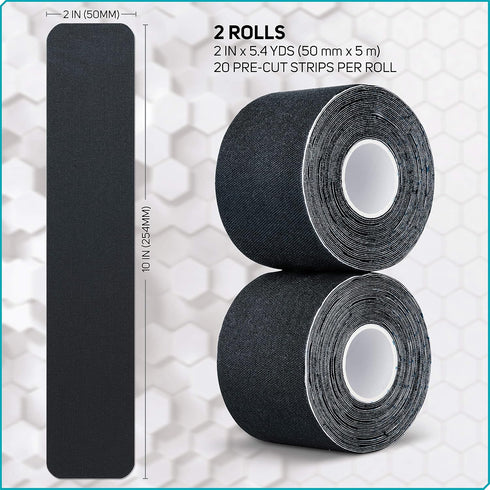 Care Science Waterproof Kinesiology Tape - 40 ct Precut Strips (2 Rolls), Black, Elastic Sports Tape