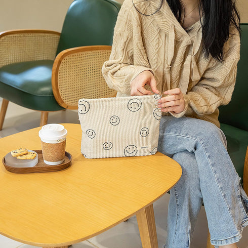 Makeup Bag for Women - Corduroy Aesthetic Design Cosmetic Tote Bag, Cute Smiley Face Pencil Case with Zipper (Beige)