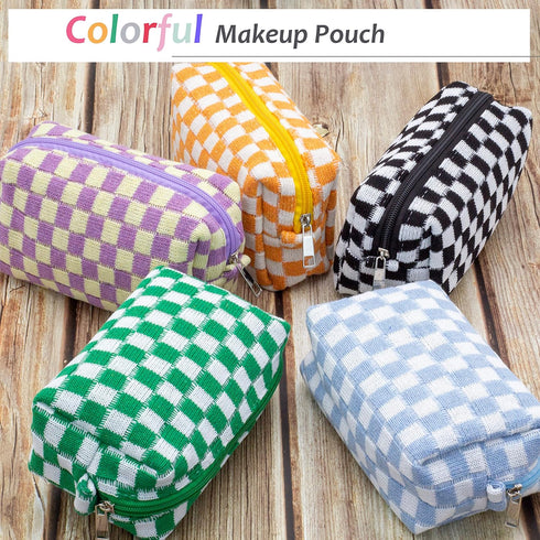 PAZIMIIK Checkered Makeup Bag for Purse, Portable Zipper Cosmetic Case for Travel Accessories (Blue)