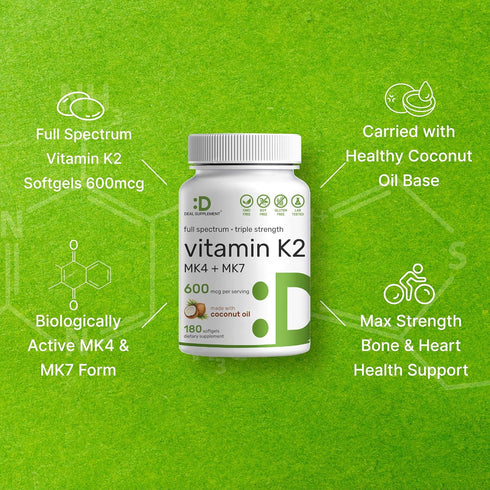 Vitamin K2 Supplement 600mcg, 180 Virgin Coconut Oil Softgels, Full Spectrum MK-7 & MK-4, Bone & Immune Support