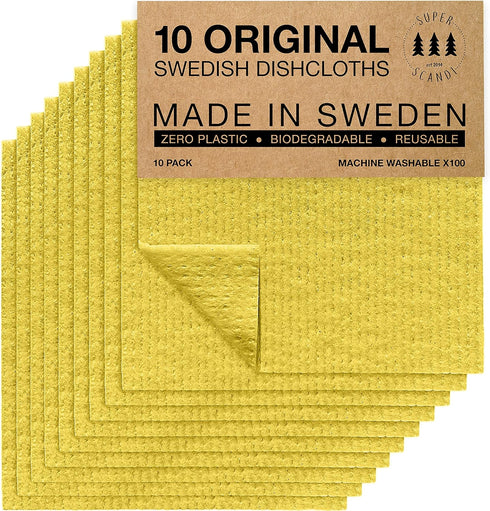 SUPERSCANDI Swedish Dishcloths, Reusable Biodegradable Cellulose Sponge Cleaning Cloths for Kitchen (10 Pack, Yellow)