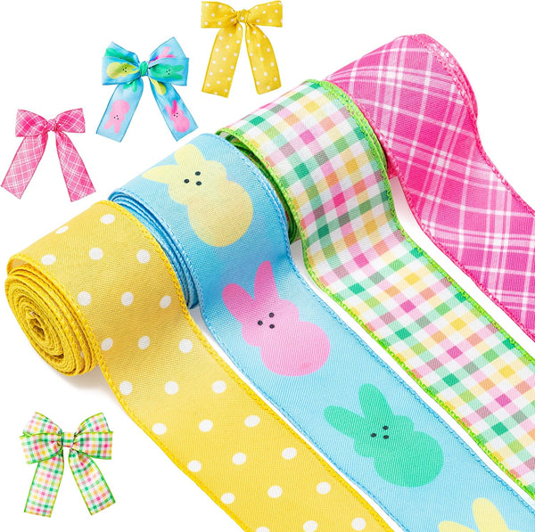 4PCS Easter Spring Pastel Wired Ribbon Rolls, Decorative Ribbons for Gift Wrapping and DIY Craft Decor