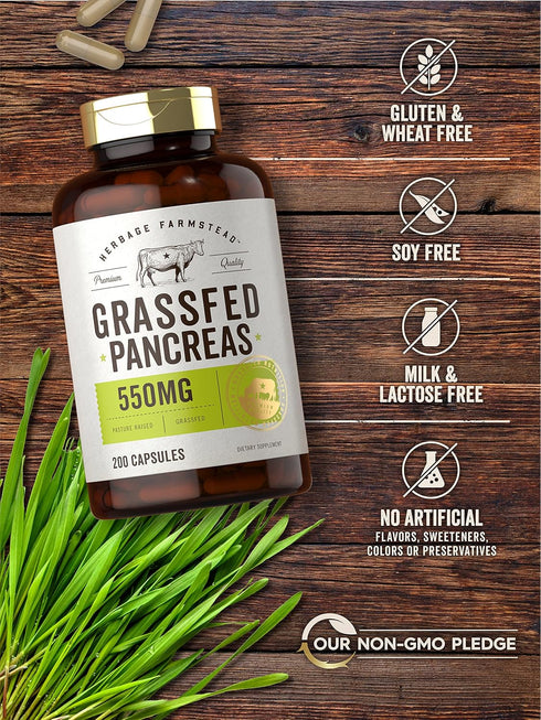 Carlyle Grass Fed Beef Pancreas, 550mg, 200 Capsules, Desiccated Pasture Raised Bovine Supplement