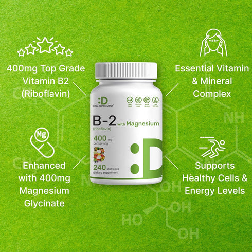DEAL SUPPLEMENT Vitamin B2 400mg (Riboflavin) with Magnesium Glycinate 400mg, 240 Capsules