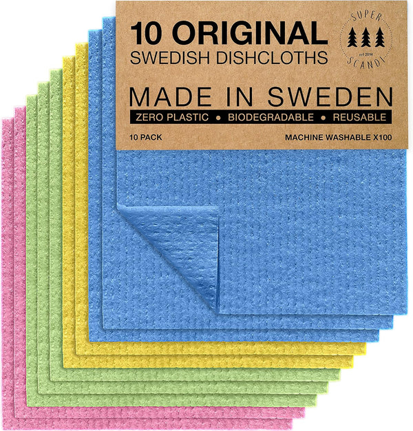 SUPERSCANDI 10 Pack Reusable Cleaning Cloths, 100% Biodegradable & Compostable Swedish Dishcloth, Food-Safe &