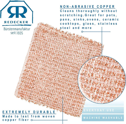 REDECKER 2-Ply Woven Copper Scrubbing Cloth, Durable Non-Abrasive Scrubber, Machine Washable, Set of 2