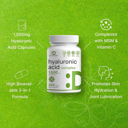 Deal Supplement Hyaluronic Acid 1,500mg – 240 Capsules with MSM & Vitamin C – Non-GMO Plant Based HA