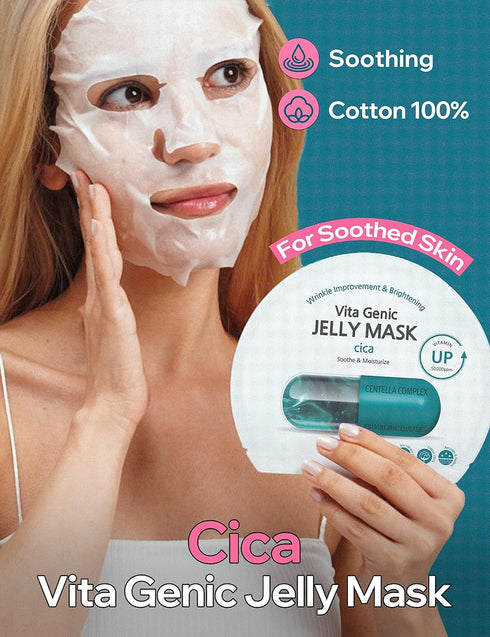 Vita Genic Jelly Cica Face Masks Beauty w/Essence & 11 Vitamin Complex | Korean Face Mask Skin Care Sheet | Moisturizing Face Mask Facial Care for All Skin Types (1.8 fl oz, 10 Sheets)