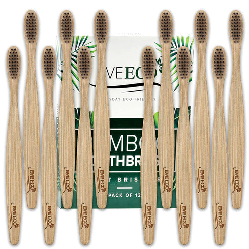 12 Count Bamboo Toothbrush, Soft Bristles for Sensitive Gums, Charcoal, Vegan, Natural Wood, BPA Free