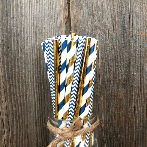 Navy Blue and Gold Foil Paper Straws, Stripe Chevron Solid, 100 Pack
