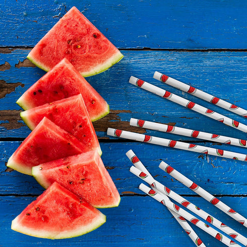 Watermelon Paper Straws Pack of 100, Biodegradable Disposable Party Decorations, 7.75 Inches