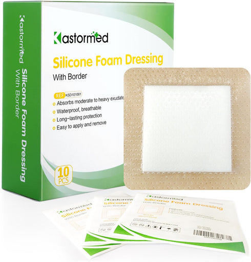 kastormed Silicone Adhesive Foam Dressing, 10 Pack 4''x4'' High Absorbency Bandage for Wound Care