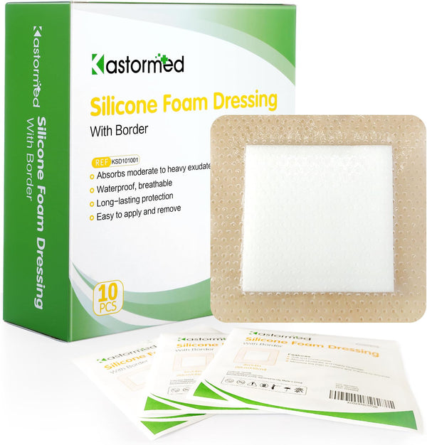 kastormed Silicone Adhesive Foam Dressing, 10 Pack 4''x4'' High Absorbency Bandage for Wound Care