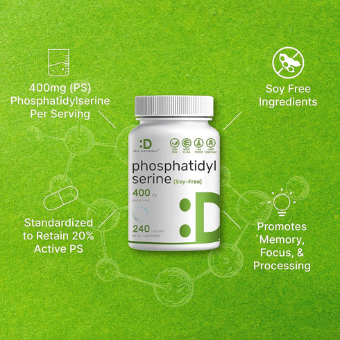 Phosphatidylserine Supplement, 400mg Serving, 240 Capsules, Soy Free Sunflower Lecithin Source