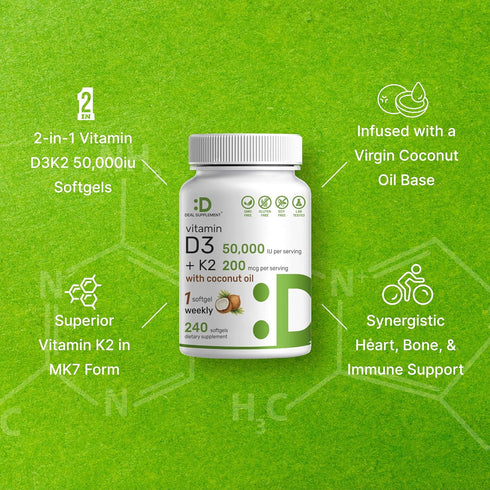 DEAL SUPPLEMENT Vitamin D3 50,000 IU + K2 MK7 - 240 Softgels with Virgin Coconut Oil for Heart & Bone Health