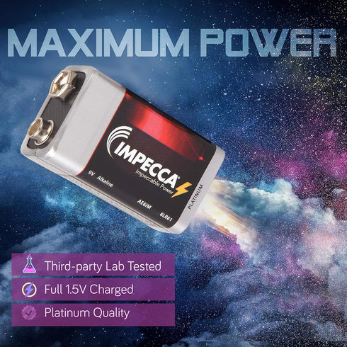 Impecca 9 (24-Pack) 9V, 24 Count, 6LR61 Volt Batteries, Premium Alkaline High Performance, Ultra Long Lasting