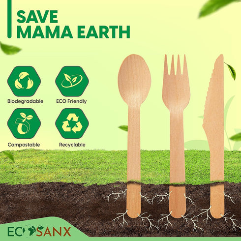 300 PCs Disposable Wooden Cutlery Set | 6.5" Compostable Utensils, Biodegradable, Eco-Friendly | 100% All-Natural