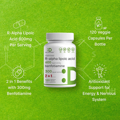 DEAL SUPPLEMENT R Alpha Lipoic Acid 600mg & Benfotiamine 300mg, 120 Veggie Capsules - Antioxidant Energy Support