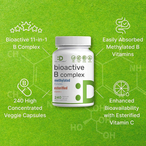 Bioactive Vitamin B Complex, 240 Veggie Capsules - Methylated B Vitamins, Esterified Vitamin C, High Potency, Immune &