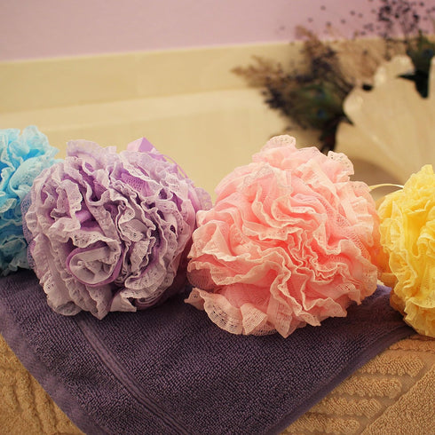 Loofah-Bath-Sponge Lace-Mesh-Set - 4 Pack Spa Colors, 2-Scrubs-in-1 by Shower Bouquet, 60g Pouf for Exfoliating Skin