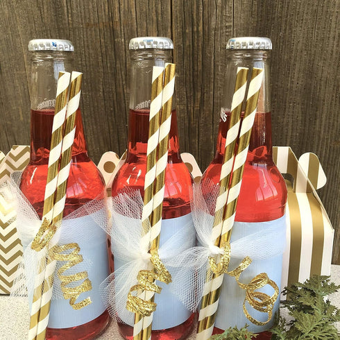 Navy Blue and Gold Foil Paper Straws, Stripe Chevron Solid, 100 Pack