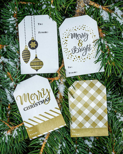 Merry & Bright Gold Gift Tag Stickers, 2 x 3 Inch Holiday Labels, Roll of 100 with 4 Festive Designs