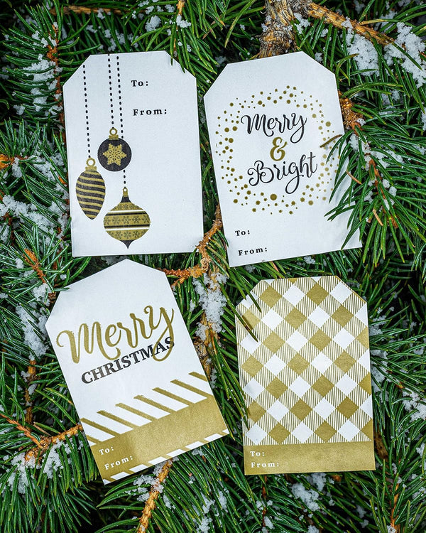 Merry & Bright Gold Gift Tag Stickers, 2 x 3 Inch Holiday Labels, Roll of 100 with 4 Festive Designs