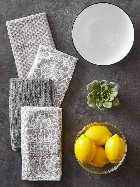 DII Cleaning Collection Multi-Purpose Microfiber Dishtowel Set, Gray Damask