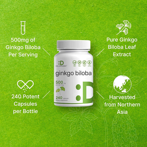 DEAL SUPPLEMENT Ginkgo Biloba 500mg - 240 Capsules, 4 Month Supply, Extra Strength for Promoting Brain Function