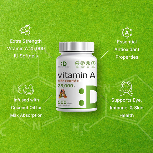 DEAL SUPPLEMENT High Potency Vitamin A 25000 IU, 500 Coconut Oil Softgels, Natural Fish Liver Oil Source