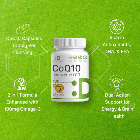 CoQ10 100mg - 240 Capsules with Omega 3 Fatty Acid 100mg, Bioavailable Coenzyme Q10 for Heart, Energy & Brain Health
