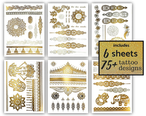 Terra Tattoos Gold Metallic Tattoo Flash Sheets, Waterproof Face Tattoos for Women