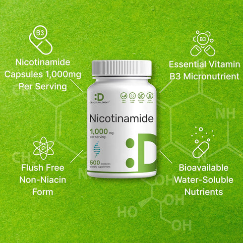 Vitamin B3 Nicotinamide 1,000mg - 500 Capsules, Flush Free Niacin for Healthy Skin & Energy Production, Non-GMO