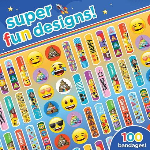 Emoji Kids Assorted Bandages, 100 ct, Fun Designs, Adhesive Bandages for Minor Cuts, Easter Basket Stuffers