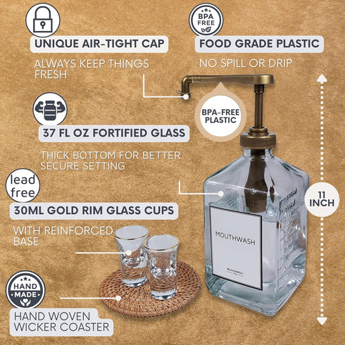 eBun Goldengleam 37oz Mouthwash Dispenser for Bathroom, Gold Plastic Pump, Glass Mouthwash Bottle with Cups