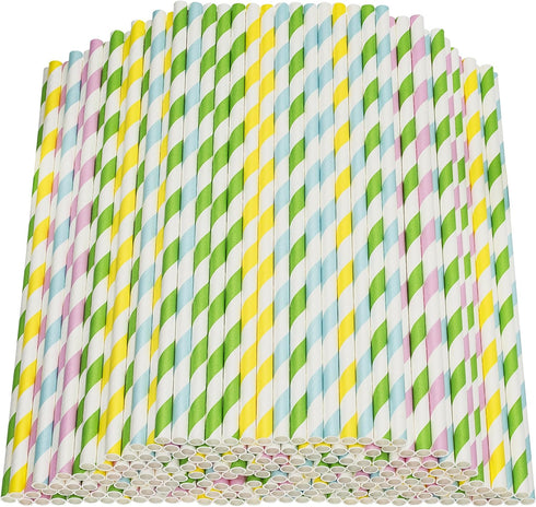 Paper Straws Biodegradable, 200 Pack, Striped Multi Colored, BPA-Free Disposable 8.25" Long Straw for Parties
