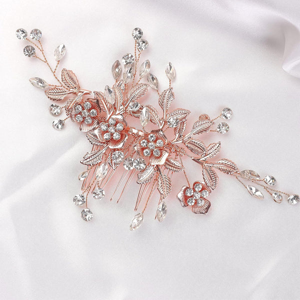 YERTTER Vintage Rhinestones Bride Wedding Hair Accessories - Rose Gold Crystal Floral Leaves Bridal Hair Comb