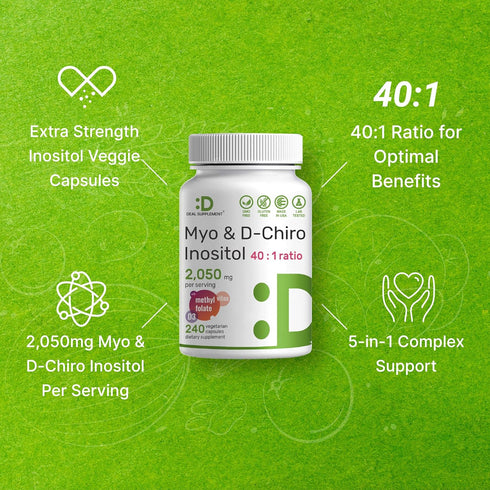Myo-Inositol & D-Chiro Inositol Supplement (40:1) 2,050mg Per Serving, 240 Veggie Capsules for Women Health