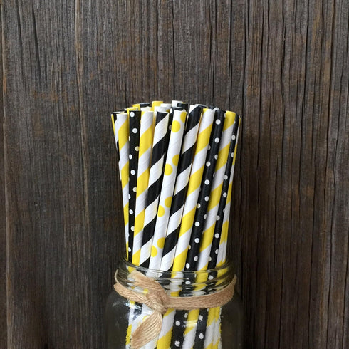 Outside the Box Papers Bee Theme Paper Straws, 7.75 Inches, 100 Pack - Black, Yellow, White Striped and Polka Dot