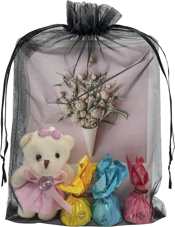 50pcs Sheer Black Organza Gift Bags 8X12 inch, Large Drawstring Jewelry Pouch for Wedding Party Favor