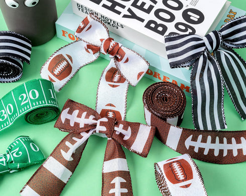 Football Wired Edge Ribbon - 4 Rolls 24 Yards Brown Green for Football Game, Rugby, DIY Craft
