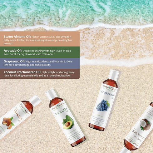 Set 4 oz. 100% Carrier Oil Variety Cold Pressed Pure Natural Sweet Almond, Avocado, Coconut Fractionated, Grapeseed.