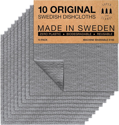 SUPERSCANDI 10 Pack Swedish Dishcloths for Kitchen - 100% Biodegradable & Compostable, Washable, Food-Safe, Grey