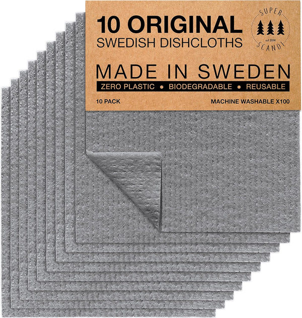SUPERSCANDI 10 Pack Swedish Dishcloths for Kitchen - 100% Biodegradable & Compostable, Washable, Food-Safe, Grey