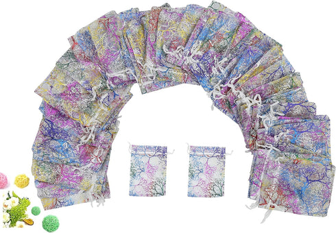 Wudygirl 100pcs Drawstring Organza Bags, 3.54x4.7 inches, White Coralline Pattern for Jewelry, Candy, Wedding Favors